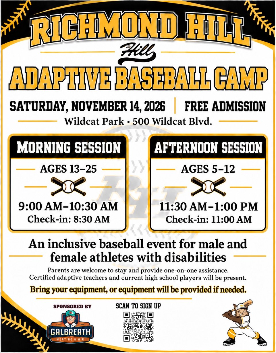 Flyer for the free Richmond Hill Adaptive Baseball Camp, Saturday, November 14, 2026 at Wildcat Park, 500 Wildcat Blvd., sponsored by Galbreath Heating & Air