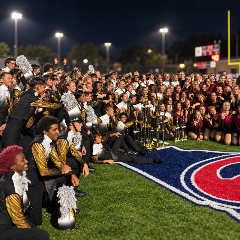Richmond Hill High School Marching Wildcats band members and color guard gather around their Grand Champion trophies at midfield